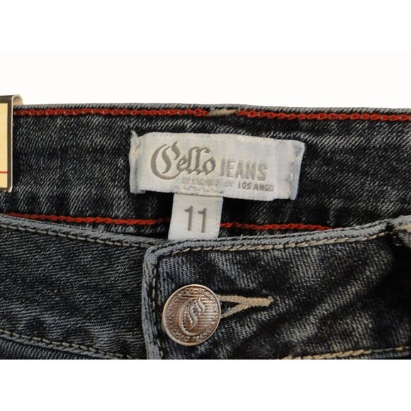 Cello High Rise Vinatage Wash Jeans Faded Dark Blue Distressed Flare Size 11 - Picture 6 of 8